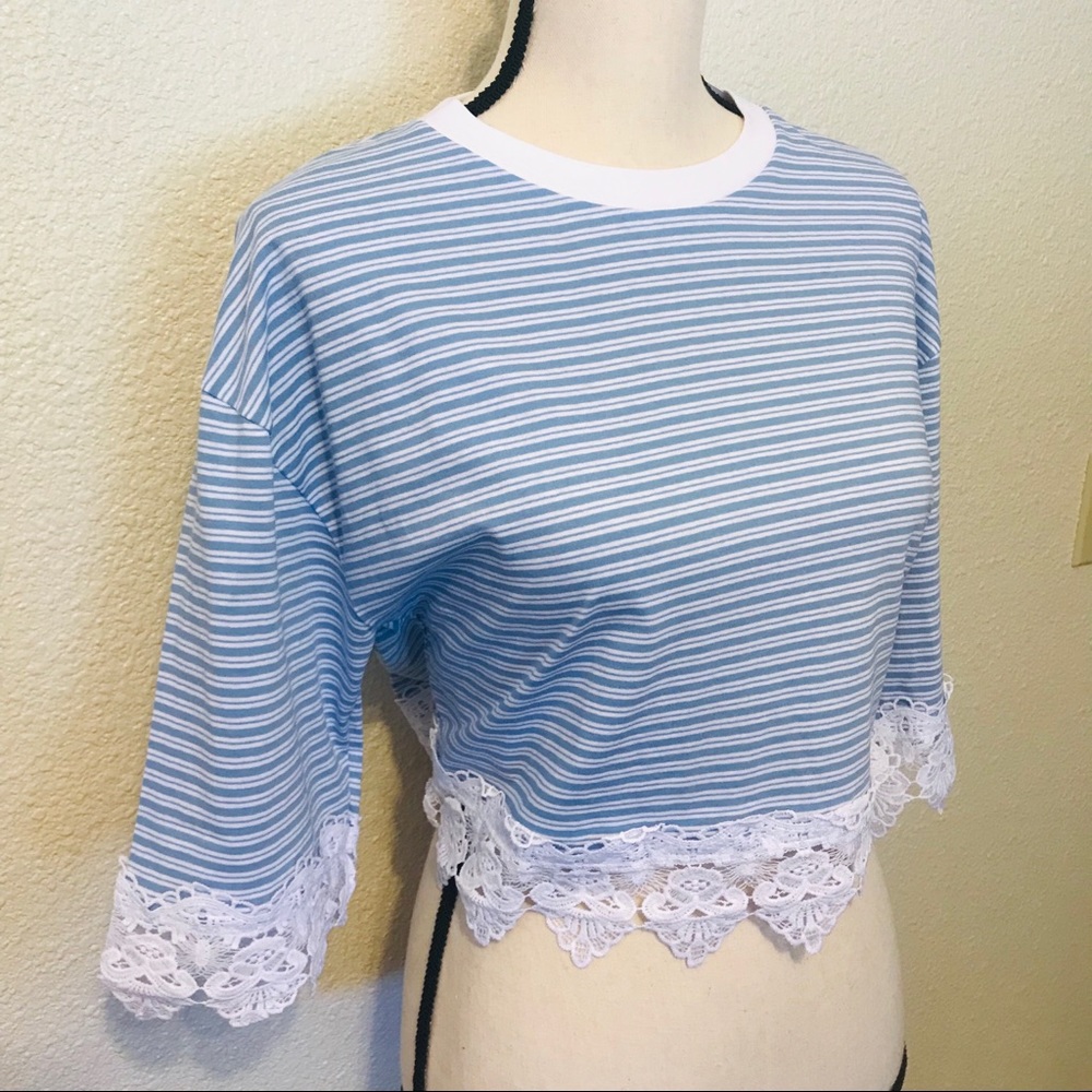 TOPSHOP Stripe Lace Hem Crop Shirt - Picture 5 of 8